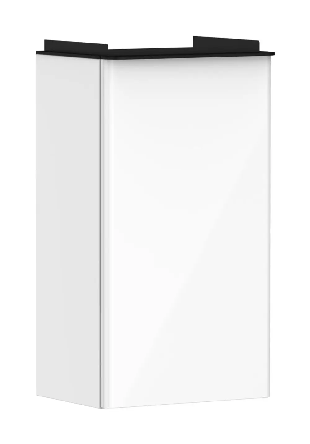 Hochschrank in Weiß mit schwarzem Oberteil, geeignet für die Montage unter einem Handwaschbecken. Von Hansgrohe, moderne Formgebung ohne sichtbare Griffe.